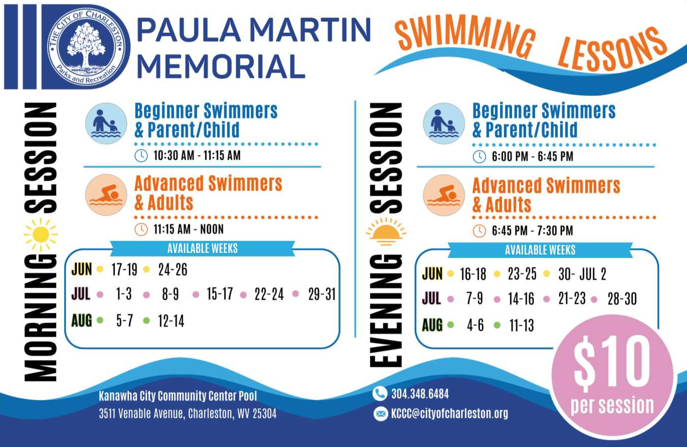 A schedule of upcoming swim lessons at the Kanawha City Community Center in Charleston. The schedule can be found on charlestonwv.gov or by calling 304-348-6484.